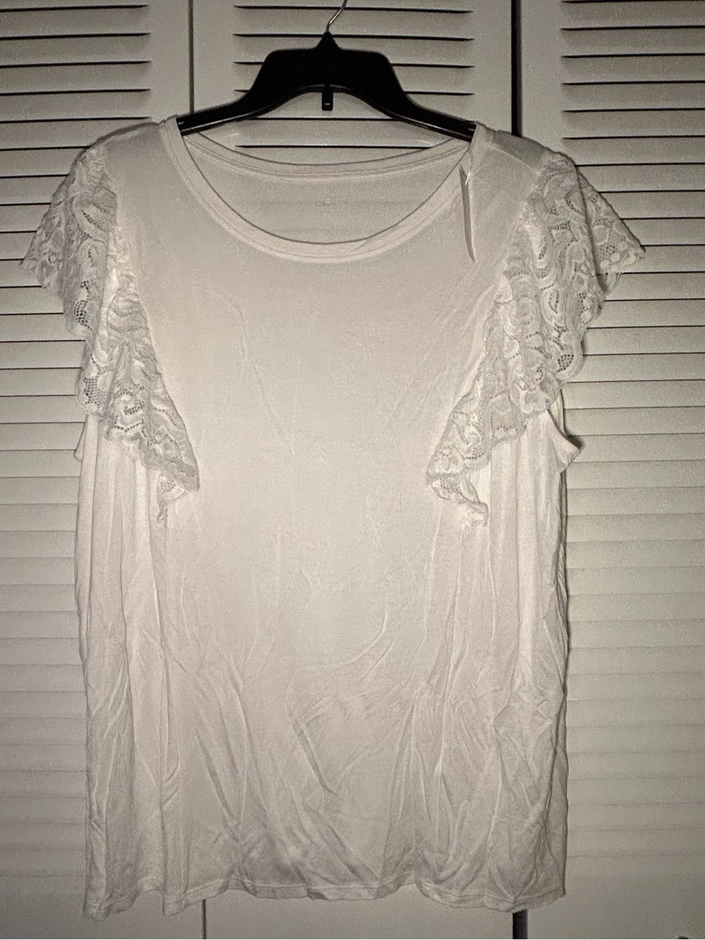 White Lace Flutter Ruffle Sleeve Knit Tee Blouse Cap Crewneck Boho Top Shirt XL